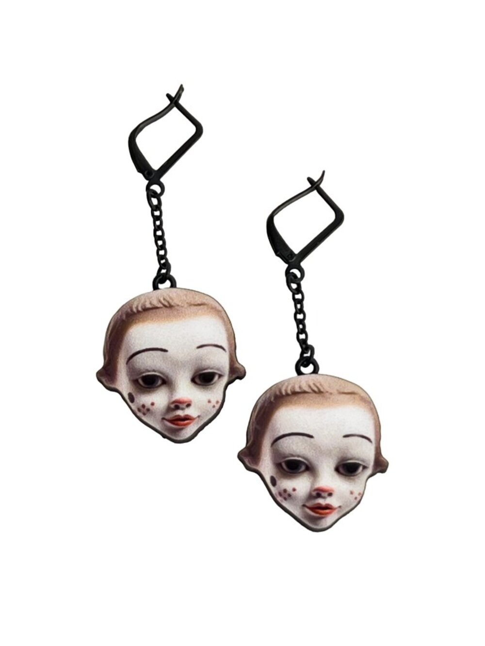 Circus Mime Clown Doll Face Woodcut Dangle Earrings – Black Leverback Ear Wires
